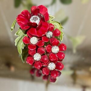 Vintage Signed Coro Rhinestone Enamel Bouquet Flowers Brooch Red Green Floral